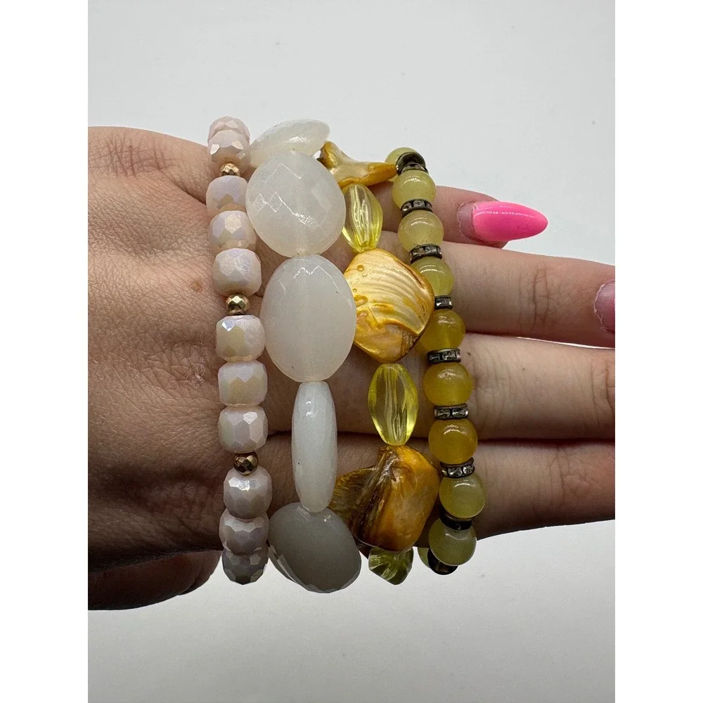 Yellow and White Beaded Stretch Bracelet Stack Set 4pc Shell Stone‎ Glass Boho